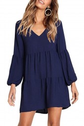 Elegant Dark-Blue Tiered A-Line Dress with Long Puff Sleeves and V-Neck