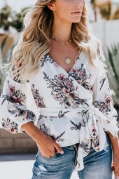 White Floral  V Neck Tied Wrap Puff Sleeve Casual Blouse