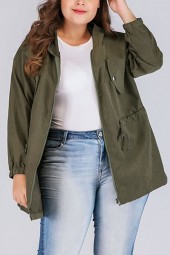 Army-green Zipper Drawstring Hooded Casual Plus Size Anorak Jacket
