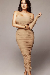 Women One Shoulder Ruched Mesh Bodycon Dress Long Formal