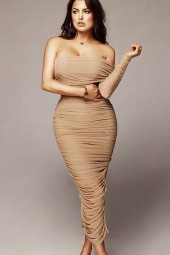 Apricot One Sleeve Ruched Mesh Slit  Bodycon Party Dress