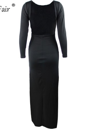 White & Black Elegant Backless High Side Split Long Sleeve Maxi Party Dress