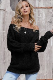 Cozy Chic Black Off-Shoulder Long Sleeve Pullover Sweater