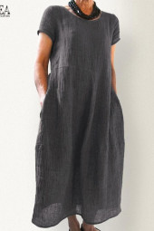 Vintage Elegance: Linen Midi Dress Summer Sundress with Short Sleeves and Pleated Neckline Vintage Elegance: Linen Midi Dress Summer Sundress with Short Sleeves and Pleated Neckline