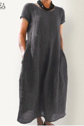 Elegant Linen Midi Dress Summer Sundress Vintage Short Sleeve Tunic  Neck Pleated Robe