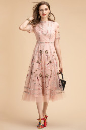 Elegant Summer Floral Embroidered Vintage Dress Khaki