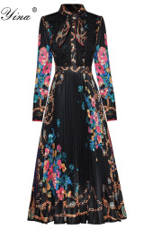 Vintage Floral Lace Pleated Bow Collar Maxi Dress Vintage Floral Lace Pleated Bow Collar Maxi Dress