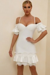 White Summer Sparkle: Bandage Bodycon Crochet Flower Party Dress