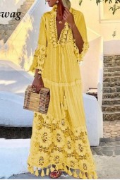 Vintage Patchwork Lace Long Summer V-Neck Tassel Maxi Beach Casual Three-Quarter Sleeve Party Dress