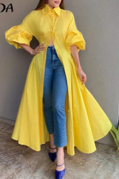 Women Long Maxi Shirt Dress Puff Sleeve Collar Workwear Women Long Maxi Shirt Dress Puff Sleeve Collar Workwear