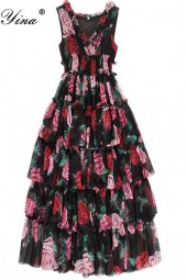 Elegant Rose Floral Vacation Dress: Designer Runway Sleeveless Vneck with Ruffles and Elastic Waist for Summer