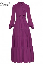 Purple Elegance: Bow Collar Long Lantern Sleeve Pleated Runway Dress for Spring