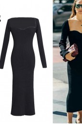 Elegant Black Knitted Long Sleeve Bodycon Dress with Square Collar