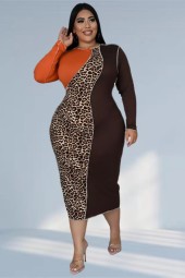 Plus Size Elegant Leopard Patchwork Bodycon Stretch Maxi Dress Vintage - Perfect for Any Occasion 