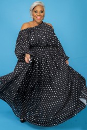 Plus Size Elegant Polka Dot Mesh Long Sleeve Dress - Perfect for Autumn Prom & Evening Gowns