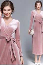 Romantic Rose: Spring Autunm Evening Velour Winter Pink Velvet Long Dress With Sashes