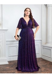 Glamorous Plus Size Bridesmaid Dress - Plunging Neckline, Butterfly Sleeves, and Glitter Accents