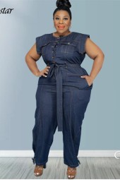 Women's Plus Size Denim Jumpsuit with Lace-Up Sleeves, Pockets, and Stretch Bodysuit