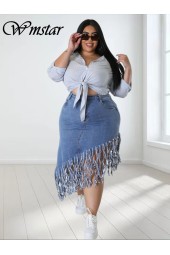 Plus Size Denim Maxi Skirt with Tassel Bodycon Outfit