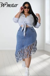 Plus Size Denim Maxi Skirt with Tassel Bodycon Outfit