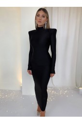 Street-Chic Solid Turtleneck Maxi Dress with Shoulder Pads