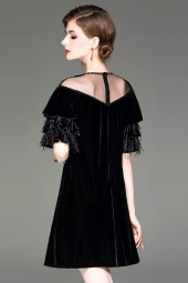 Autumnal Elegance: Beaded Mesh Round Neck Velvet Dress with Ostrich Feather Lotus Leaf Sleeves