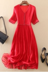 Real Summer Elegance: Red Office Holiday Beach Dress for Women