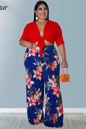 Summer Ready: Plus Piece Outfits Solid Bandage Crop Top & Wide Leg Pants Matching Set