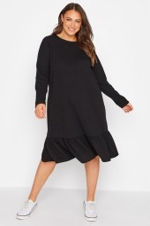 Elegant Autumn Plus Size Black Frill Midi Ruffle Loose Dress