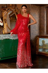 Red Wedding Evening Prom Dress with One Shoulder and Lantern Sleeve