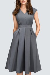 Elegant Casual V-Neck Vintage Dress with Side Pocket - Spring