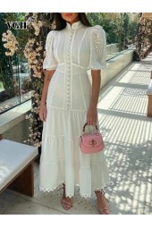 Solid Stand Collar Puff Sleeve Patchwork Lace Long Dress