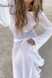 White Mesh Beach Long Sleeve Holiday Dress - Elegant & Backless
