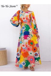 Vibrant Blooms Long Sleeve Backless Holiday Dress