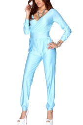 Light Blue Long Sleeve Pleated V-Neck Jumpsuit - Elegant and Stylish 