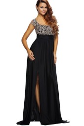 Black Backless Lace Decor  Slit Maxi Dress