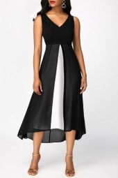 Elegant Black Mesh Panel V-Neck Sleeveless Dress
