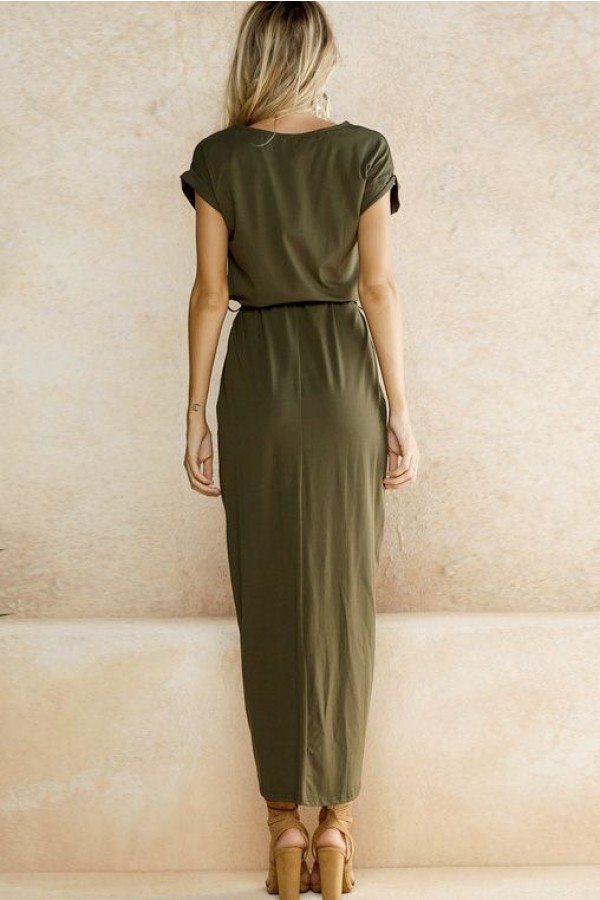 Army Green Round Neck Tied Waist High Low Casual Maxi Dress - Perfect ...