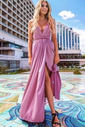 Royal Elegance: Purple Plunging Crisscross Lace Up Backless Slit Maxi Dress