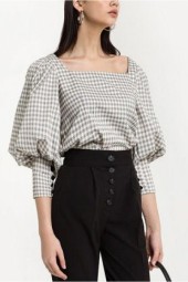 Timelessly Elegant Black-White Gingham Puff Sleeve Blouse