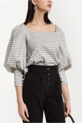Black-white Gingham Puff Sleeve Button Square Neck Chic Blouse