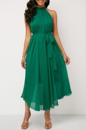Elegant Emerald Ruched High Waist Belted Sleeveless Dress