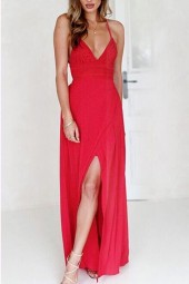 Fiery Red Plunging Strappy Slit Maxi Dress