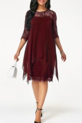 Elegant Wine Red Lace 3/4 Sleeve Dress