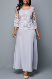 Women Lace Sleeve Elegant Zipper Back Chiffon Maxi Dress Party Women Lace Sleeve Elegant Zipper Back Chiffon Maxi Dress Party