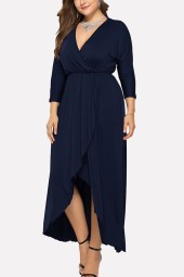 Dark Blue V-Neck Wrap Ruffle Plus Size Casual Dress