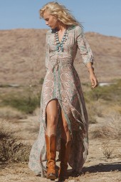 Bohemian Beauty: Floral Chiffon Long Dress with Three Quarter Sleeves and V-Neck