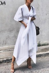 Summertime Elegance: Vintage Long Maxi Dress with Short Sleeves and Asymmetrical Neckline