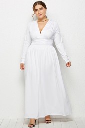 White Ruched V Neck Long Sleeve Casual Maxi Plus Size Dress