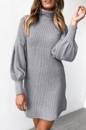Chic Gray Turtle Neck Puff Sleeve Sweater Dress for Casual Wear